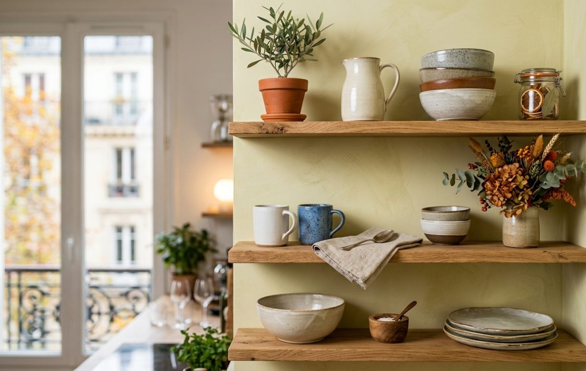 Open kitchen shelving styled with ceramic bowls, mugs, and a small potted plant against a textured wall.