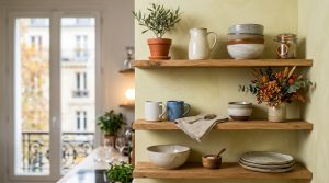 Open kitchen shelving styled with ceramic bowls, mugs, and a small potted plant against a textured wall.