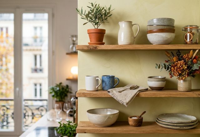 Open kitchen shelving styled with ceramic bowls, mugs, and a small potted plant against a textured wall.