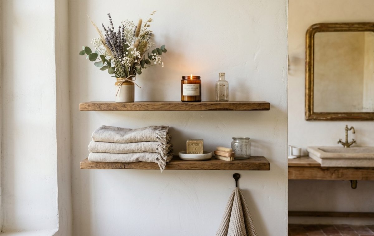 Open wooden bathroom shelves styled with rolled linen towels, dried flowers, and amber candle jars.