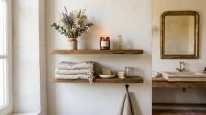 Open wooden bathroom shelves styled with rolled linen towels, dried flowers, and amber candle jars.