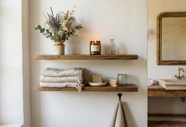 Open wooden bathroom shelves styled with rolled linen towels, dried flowers, and amber candle jars.