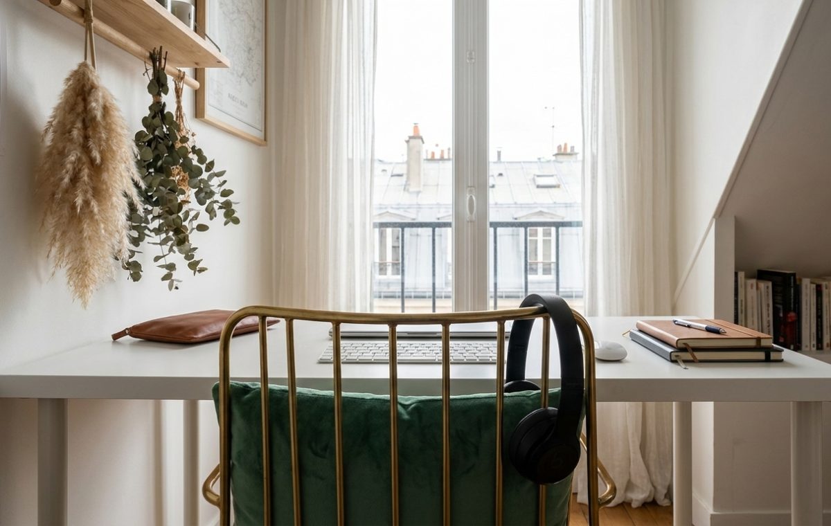 A clean small home office setup featuring a white desk, green velvet chair, and natural light from a window.