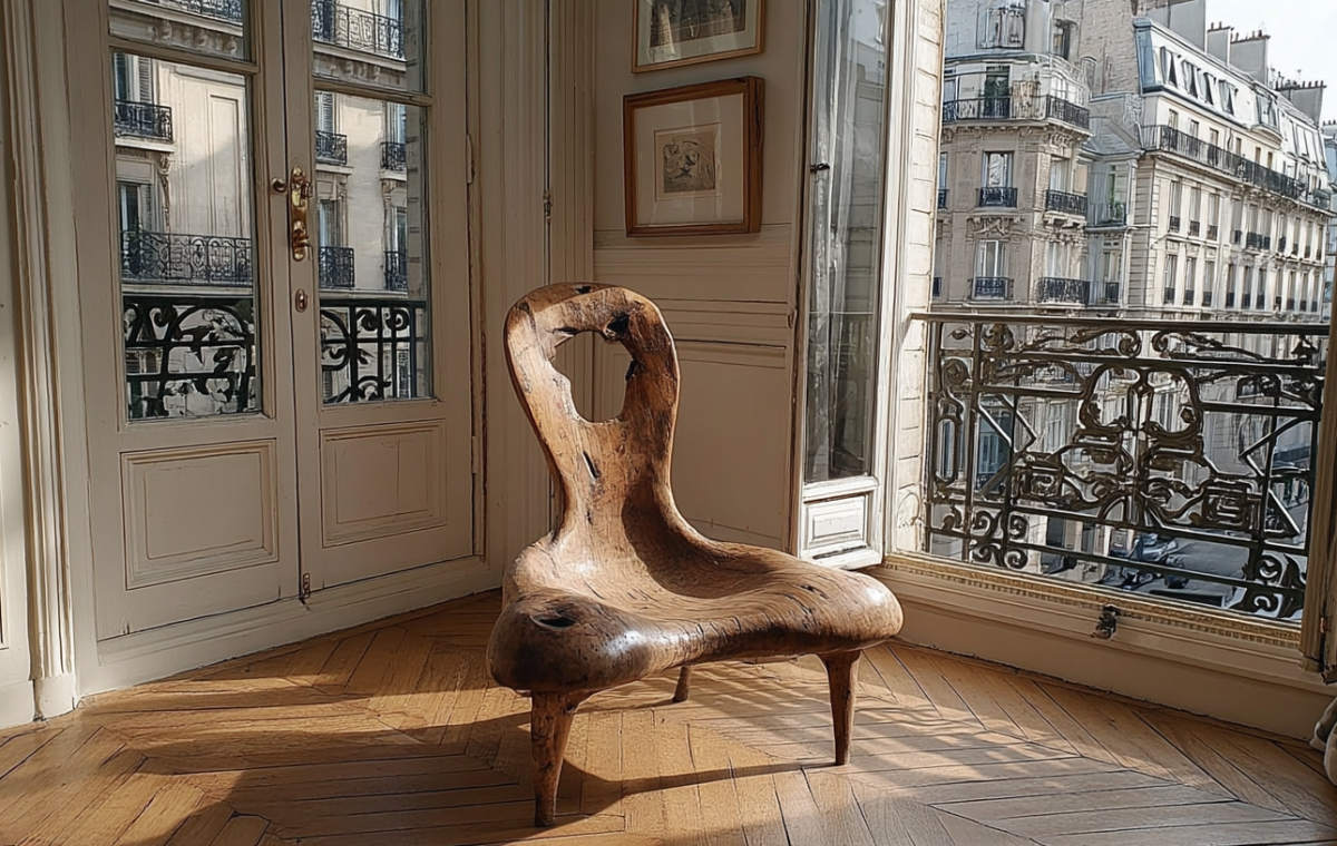 An organic modern chair crafted from raw wood placed near a window in a Parisian apartment.