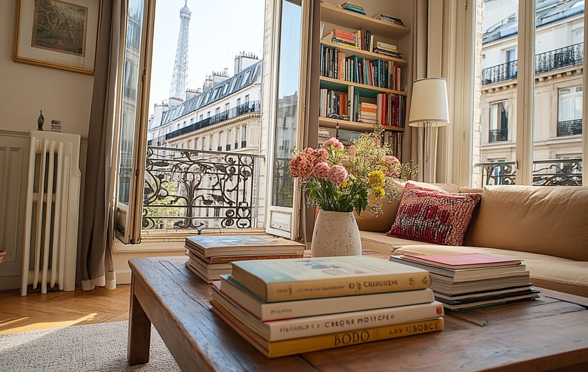 Parisian apartment living room with Eiffel Tower view and neutral sofa