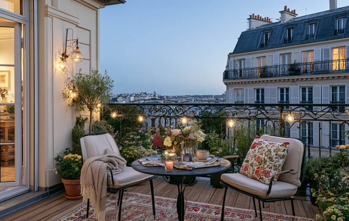 Cozy Parisian balcony decor with string lights, bistro set, and views of classic French buildings at dusk.