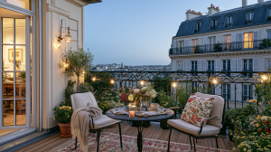 Cozy Parisian balcony decor with string lights, bistro set, and views of classic French buildings at dusk.