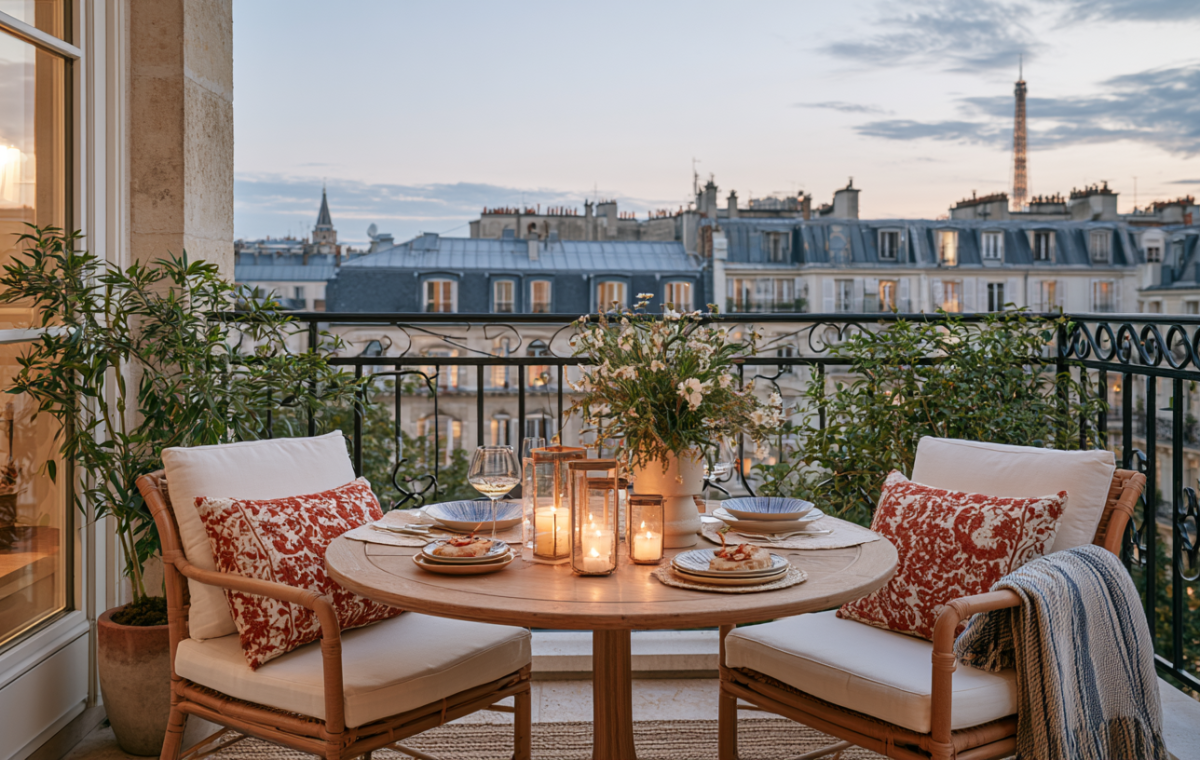 A cozy Parisian balcony set with a round wooden table, candles, and a view of the Eiffel Tower at dusk.