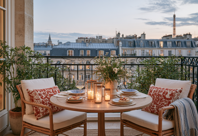 A cozy Parisian balcony set with a round wooden table, candles, and a view of the Eiffel Tower at dusk.