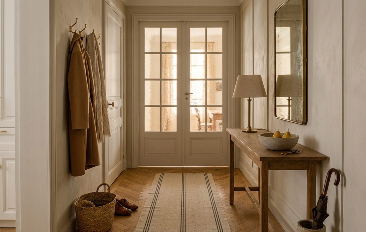 Parisian entryway design featuring herringbone flooring, textured glass doors, and a narrow console table.