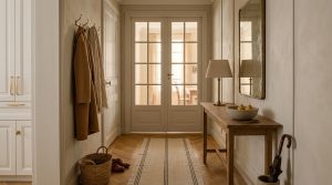 Parisian entryway design featuring herringbone flooring, textured glass doors, and a narrow console table.