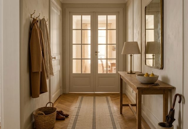 Parisian entryway design featuring herringbone flooring, textured glass doors, and a narrow console table.