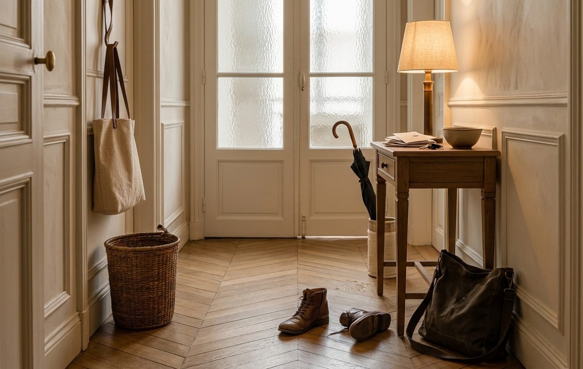 Parisian entryway ideas showing herringbone floor, slender wooden console table, and warm lighting in a classic foyer.