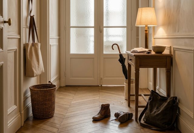 Parisian entryway ideas showing herringbone floor, slender wooden console table, and warm lighting in a classic foyer.