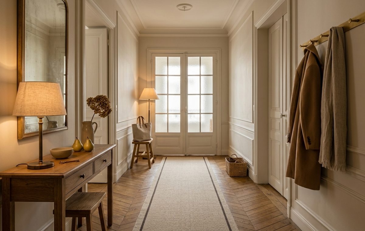 Parisian hallway decor featuring chevron parquet floors, a neutral long runner rug, and a vintage wood console table.