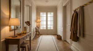 Parisian hallway decor featuring chevron parquet floors, a neutral long runner rug, and a vintage wood console table.