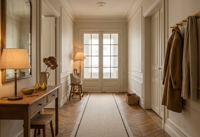 Parisian hallway decor featuring chevron parquet floors, a neutral long runner rug, and a vintage wood console table.