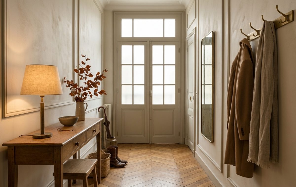 Parisian hallway decor featuring chevron wood flooring, vintage console table, and brass coat hooks.