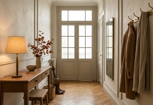 Parisian hallway decor featuring chevron wood flooring, vintage console table, and brass coat hooks.