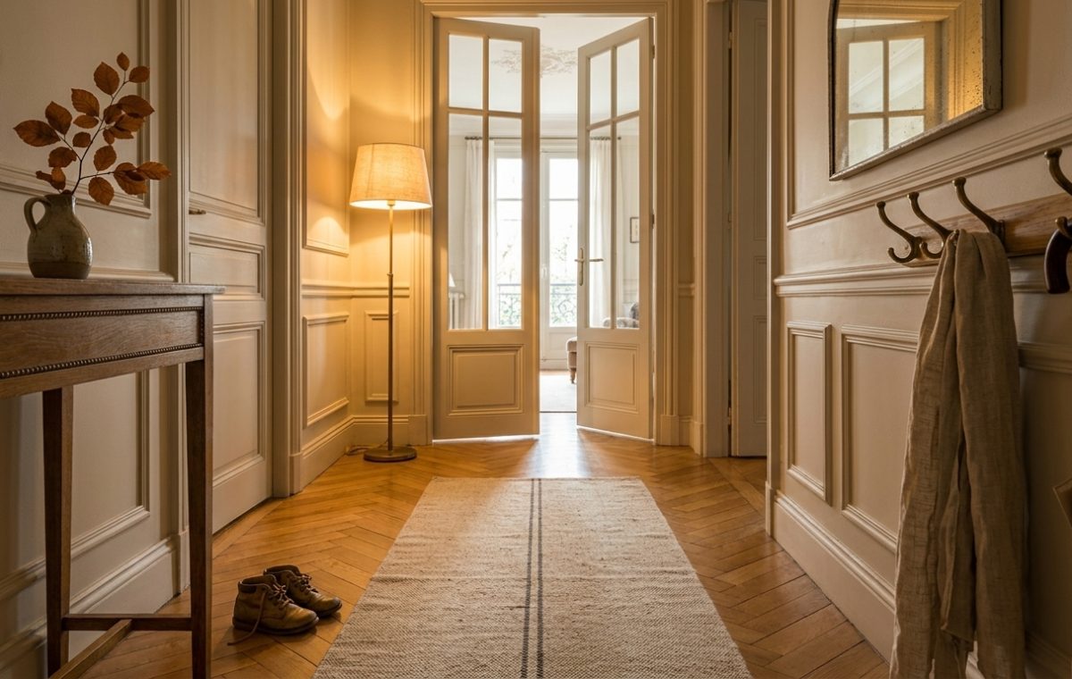 Parisian hallway design featuring herringbone parquet flooring, cream wainscoting, and French doors.