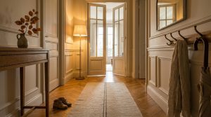 Parisian hallway design featuring herringbone parquet flooring, cream wainscoting, and French doors.