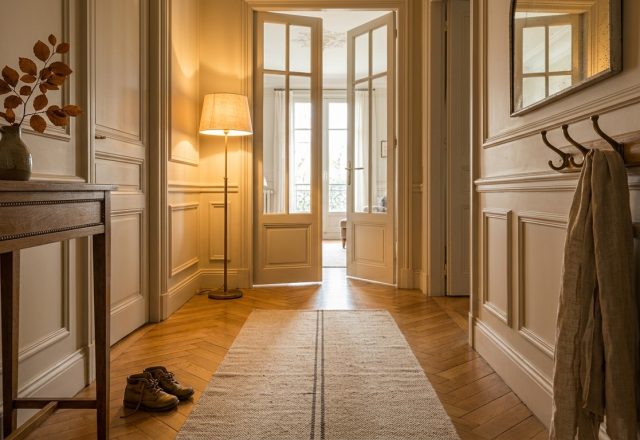 Parisian hallway design featuring herringbone parquet flooring, cream wainscoting, and French doors.