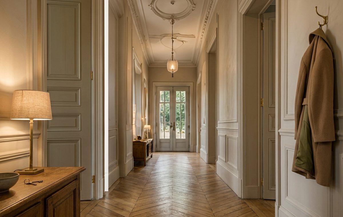 Classic Parisian hallway design featuring slim wooden console, wainscoting, gilded mirror, and herringbone floors.