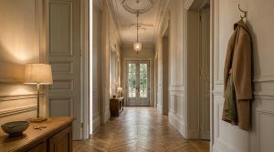 Classic Parisian hallway design featuring slim wooden console, wainscoting, gilded mirror, and herringbone floors.