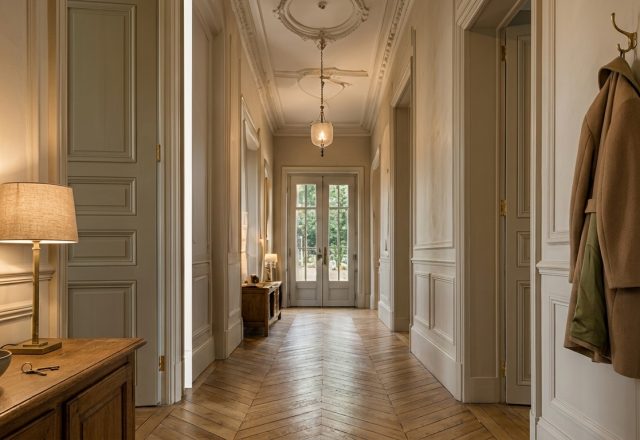 Classic Parisian hallway design featuring slim wooden console, wainscoting, gilded mirror, and herringbone floors.