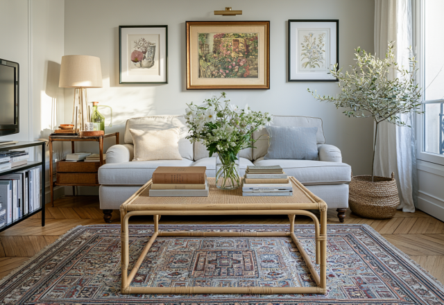 Bright parisian living room with neutral sofa, rattan coffee table, and herringbone floors.