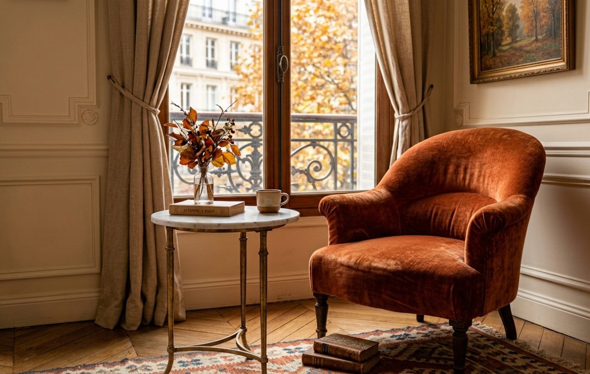 Cozy Parisian living room decor featuring a rust velvet armchair, marble side table, and classic wainscoting against a window view.