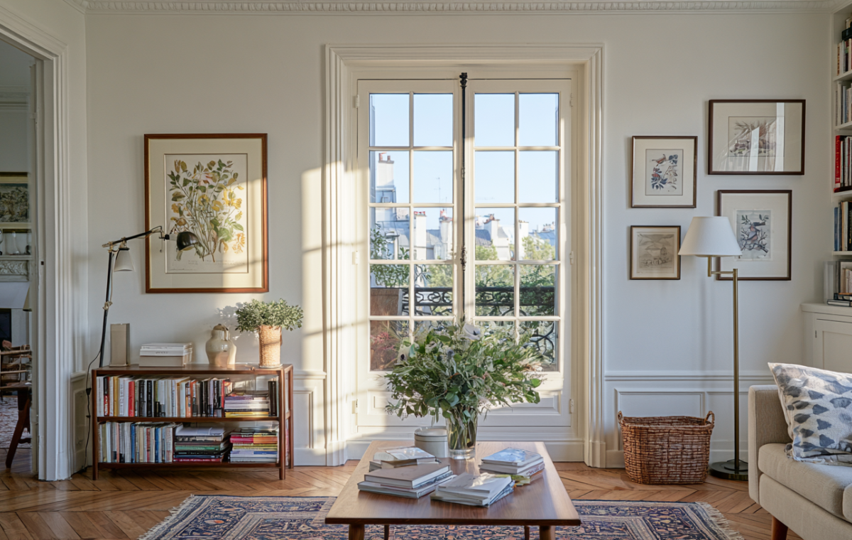 Bright parisian living room featuring tall windows herringbone wood floors classic wall moldings and built-in bookshelves