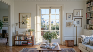 Bright parisian living room featuring tall windows herringbone wood floors classic wall moldings and built-in bookshelves