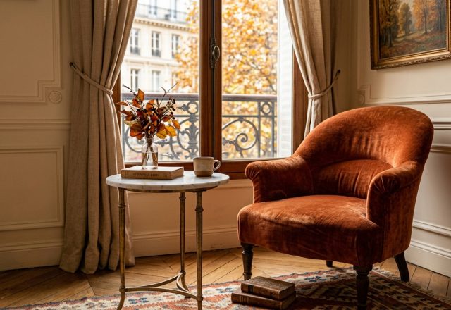 Cozy Parisian living room decor featuring a rust velvet armchair, marble side table, and classic wainscoting against a window view.
