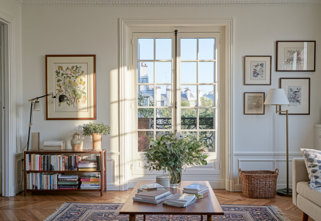 Bright parisian living room featuring tall windows herringbone wood floors classic wall moldings and built-in bookshelves