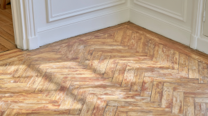 Close up of worn herringbone parquet floor needing restoration in a historic room