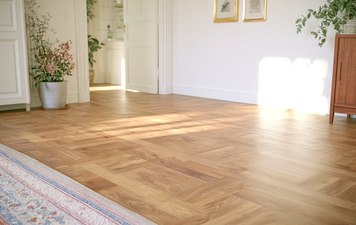 Sunlit room featuring classic parquet wood flooring and minimalist Scandinavian decor.
