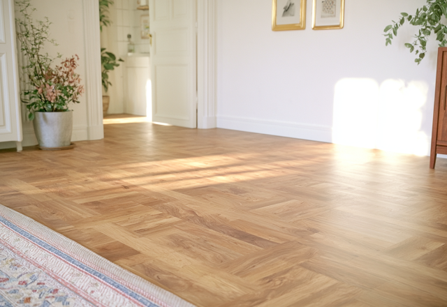 Sunlit room featuring classic parquet wood flooring and minimalist Scandinavian decor.