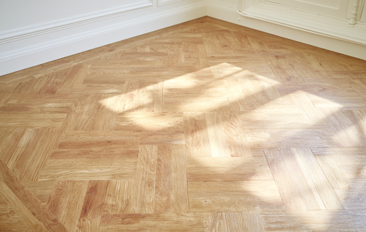 Close up view of natural oak parquetry wood flooring illuminated by afternoon sunlight next to white baseboards.