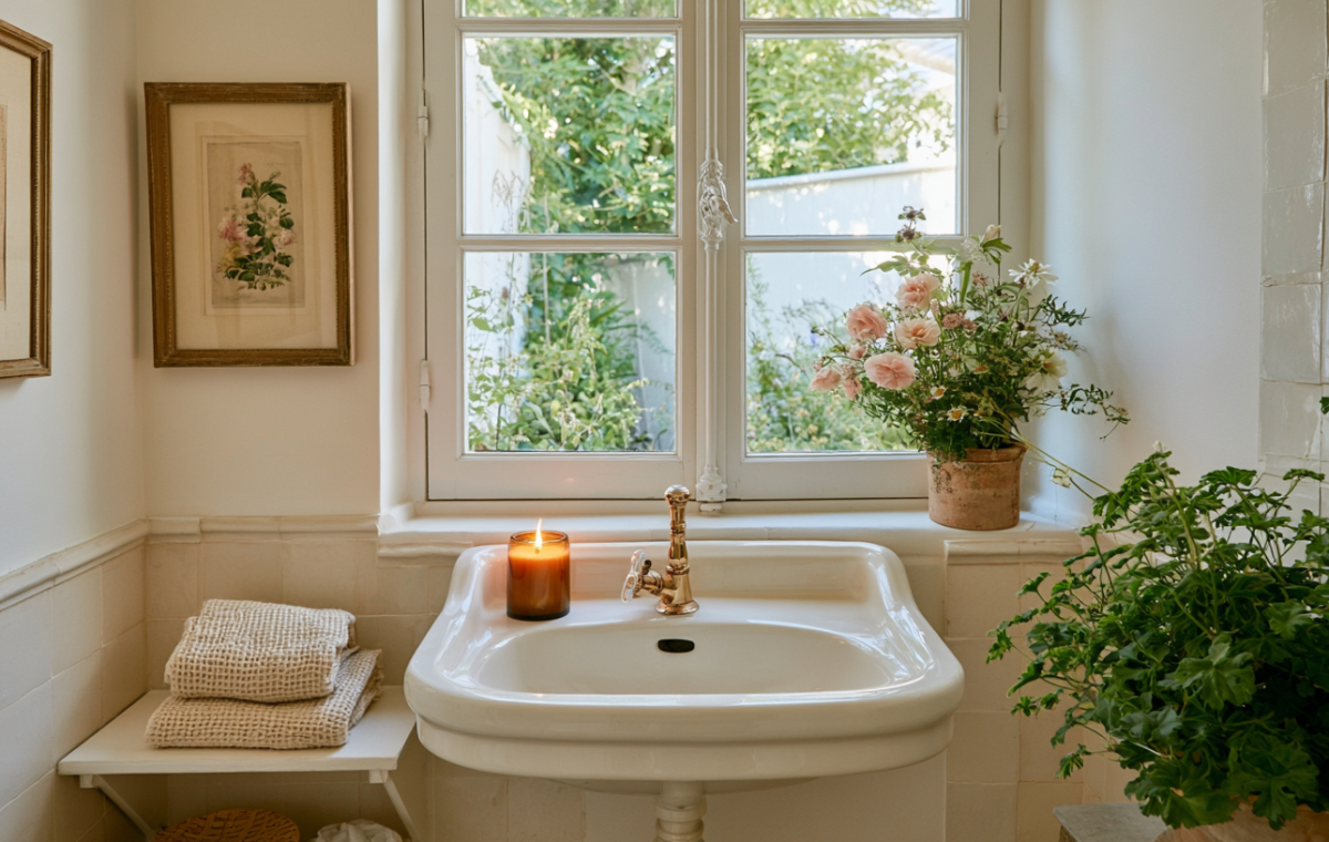 Vintage powder room sink styling with brass faucet, potted plants, and natural window light