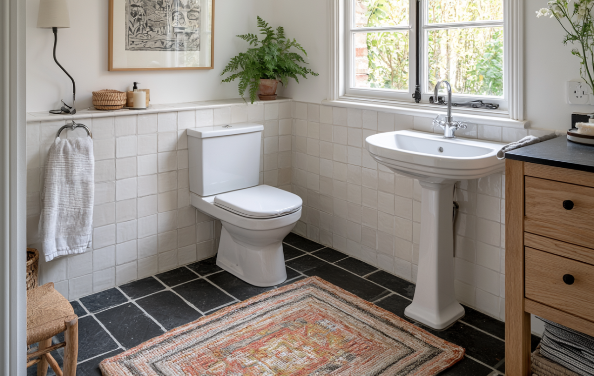 Bright English cottage powder room with white wall tiles and dark stone floor