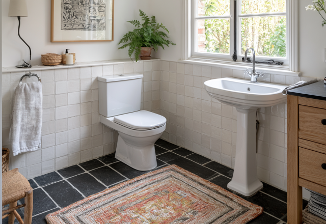Bright English cottage powder room with white wall tiles and dark stone floor
