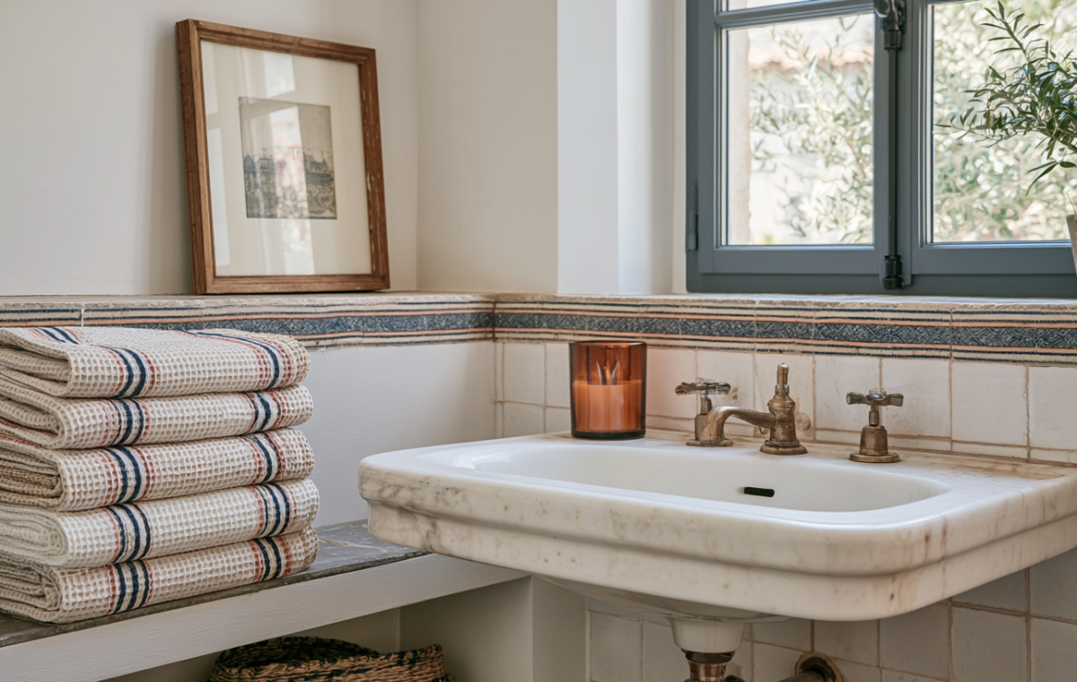A chic powder room update featuring a marble sink, antique brass fixtures, and stacked waffle weave towels.
