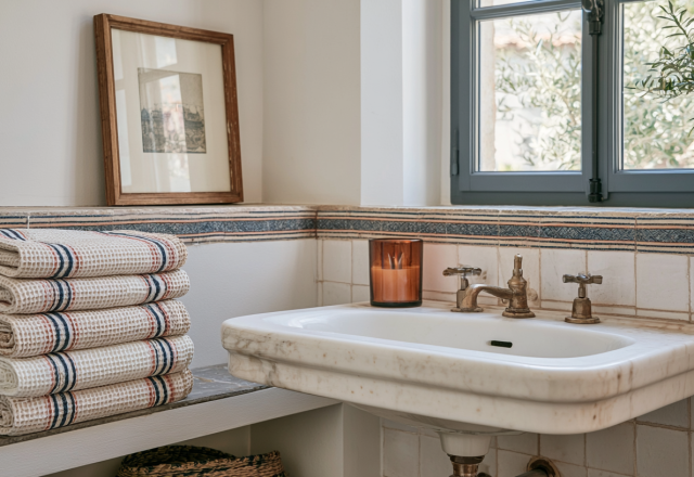 A chic powder room update featuring a marble sink, antique brass fixtures, and stacked waffle weave towels.