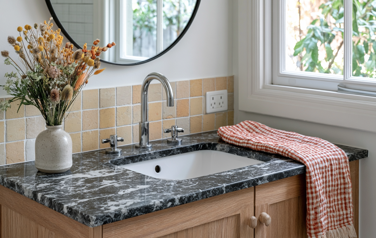 powder room vanity design with dark marble countertop and wooden base