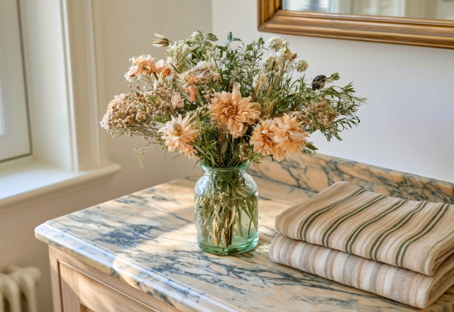 Powder room vanity styling with a glass vase of dried flowers and folded striped towels on green marble.