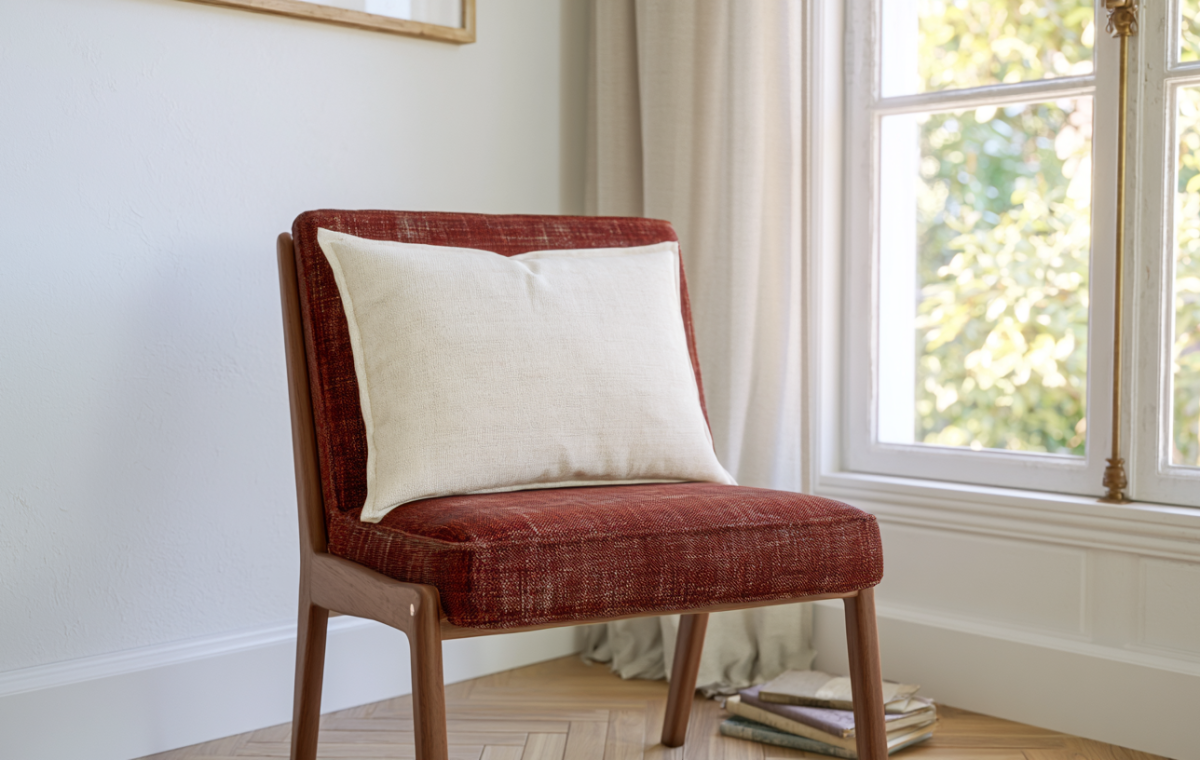 Midcentury modern red accent chair styled with a neutral lumbar pillow in a bright living room