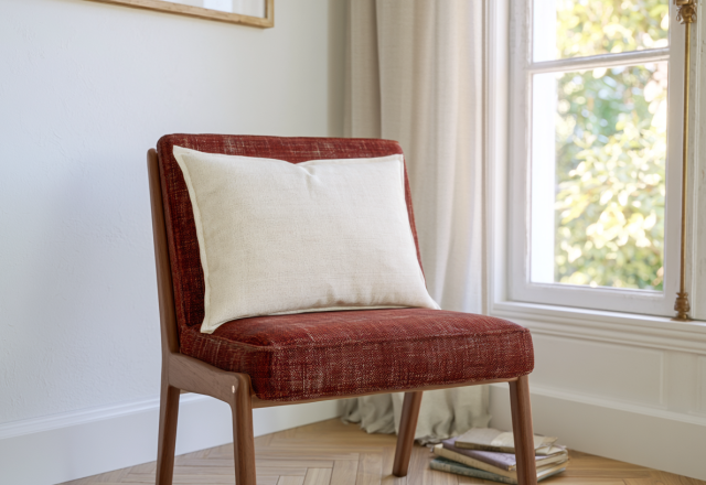 Midcentury modern red accent chair styled with a neutral lumbar pillow in a bright living room