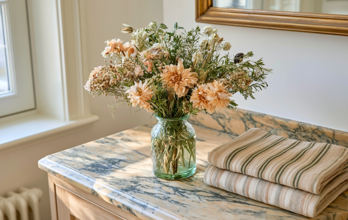 bathroom vanity styling with dried flower arrangement in glass vase and striped towels on marble counter