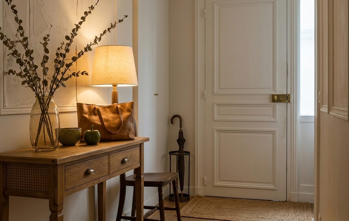 Warm and inviting entryway decor featuring a wooden console table, lamp, and natural accents.